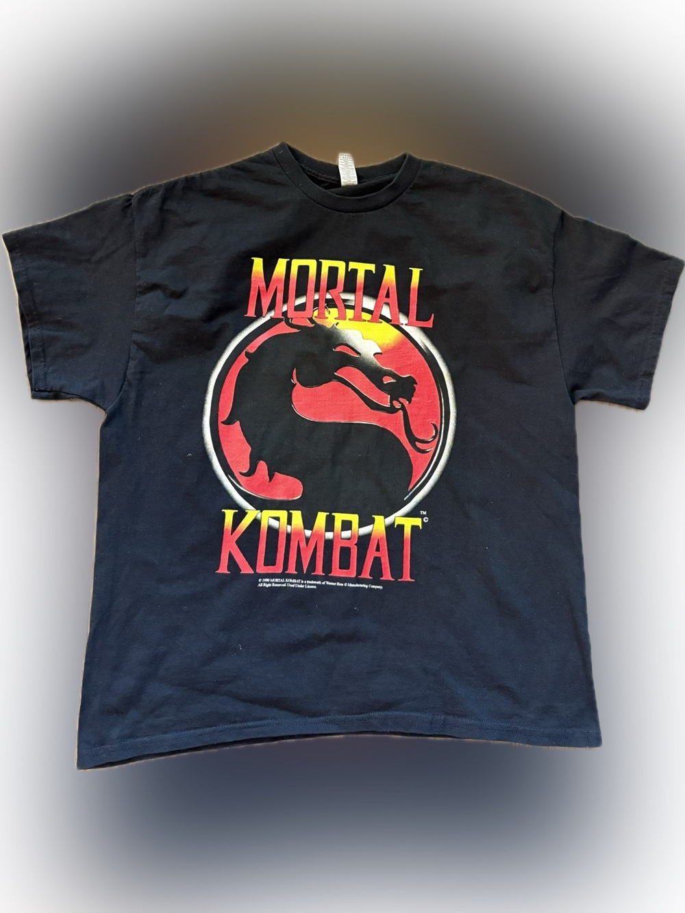 Vintage 1990 Black Mortal Kombat Logo Tee with Red and Yellow Print